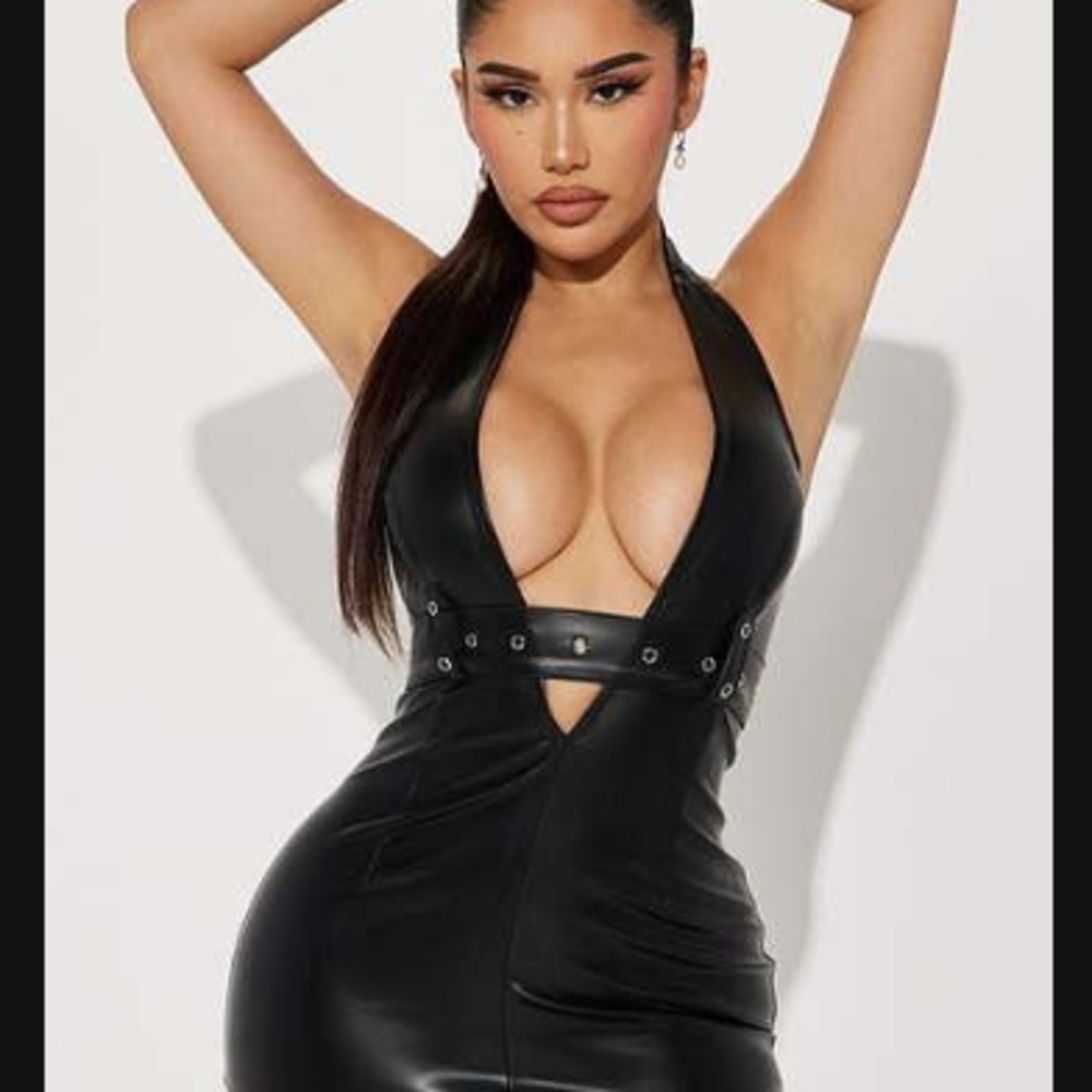 Black Halter Faux Leather Mini Dress